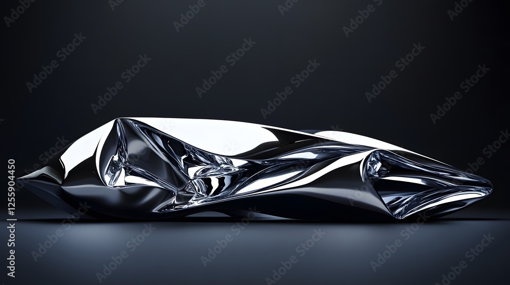 Poster reflective crumpled metallic structure with dynamic curves on smooth surface