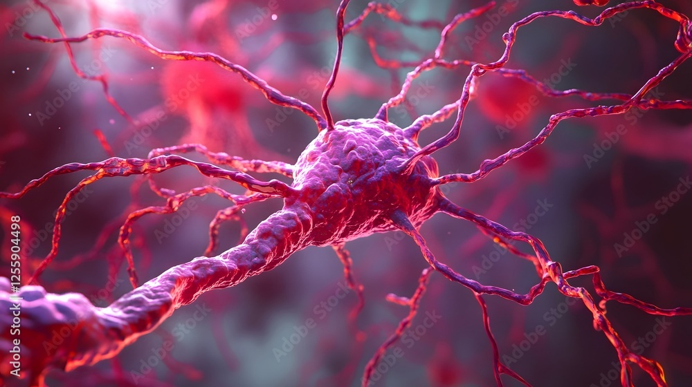 Poster glowing red and purple microscopic neural network cells with complex synaptic structures representin