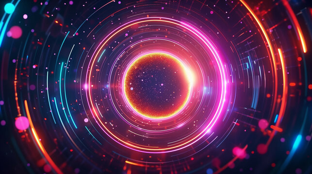 Abstract digital art of a circular portal with a glowing core, surrounded by neon rings, futuristic elements, and vibrant energy particles in a deep space setting