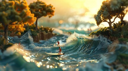 A vibrant scene of surfers riding waves at sunset, surrounded by lush trees and water.