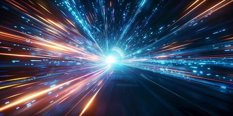 Obraz premium Futuristic High-Speed Light Tunnel with Vibrant Blue and Orange Streaks Depicting Warp Drive, Cyber Travel, and Science Fiction Technology in Deep Space
