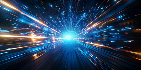 Futuristic high-speed light tunnel with glowing blue and orange streaks, depicting rapid data transmission, hyperspace travel, and advanced technology concepts