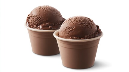Two scoops chocolate ice cream cups, white background, dessert (1)