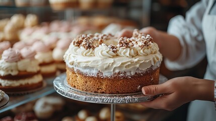 Baker showcasing a freshly decorated cake in a bakery during the afternoon