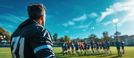 Coach Observes Team During Outdoor Rugby Training Session