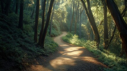 Obraz premium A serene forest trail winding through a lush green national park, with tall trees and sunlight filtering through the canopy. The path is empty, inviting visitors to explore nature.