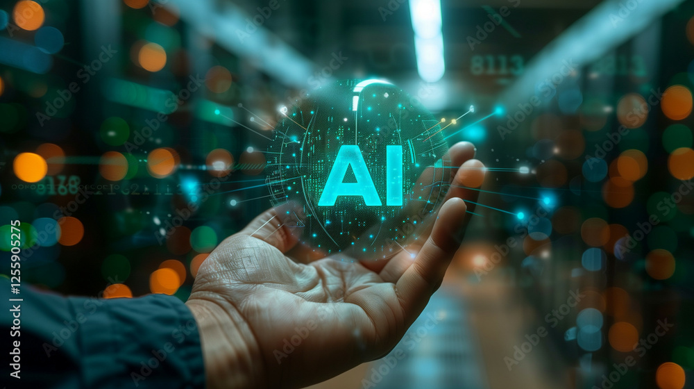 Poster a futuristic image of a hand holding a transparent hologram with the word 'ai' inside, set in a high