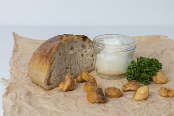 Czech specialty - pork meat products for eating..Homemade tlacenka, jitrnice, cracklings, bread,...