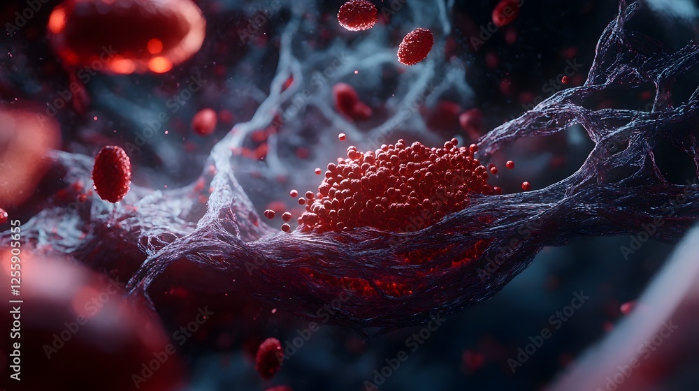 Fototapete Highly detailed microscopic view of virus or bacterial cells in an abstract digital art rendering  Scientific and medical concept with vibrant colors complex structures and a futuristic aesthetic