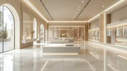 Obraz premium Boutique interior, marble floor, arched windows, clothing display, sunlight