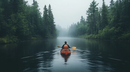 A solo canoeist paddling down a quiet river, surrounded by dense trees and calm waters. The peaceful atmosphere of the scene invites the viewer to enjoy the solitude of nature