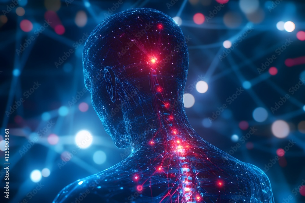 Poster abstract human figure with neural network connections and lights