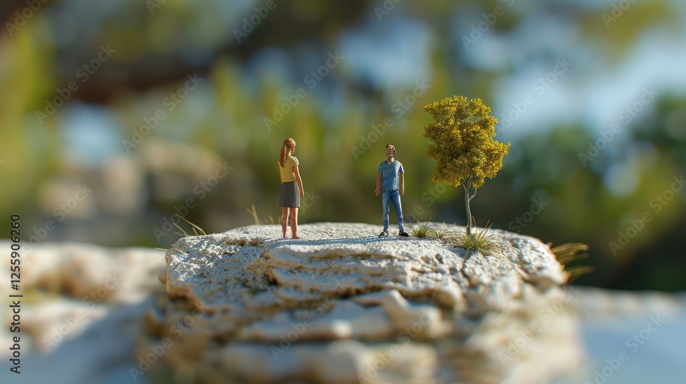 Poster a miniature scene depicting two figures on a rocky surface with a small tree.