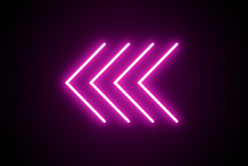Neon arrow sign. Neon road symbol. Left  arrow pointer. Purple color arrow icon. Glowing indicate icon. Neon and glowing arrow icon.