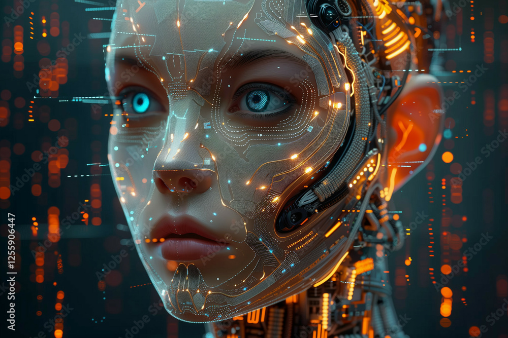 Poster digital portrait of a humanoid robot with intricate electronic circuits and glowing elements, set ag