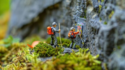 Miniature figures painting a rock wall in a lush green environment.
