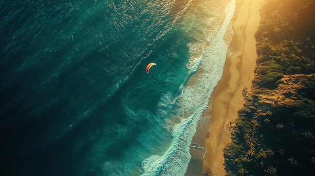 An aerial view of a person paragliding above a tropical coastline, with the sea sparkling in the sunlight below.