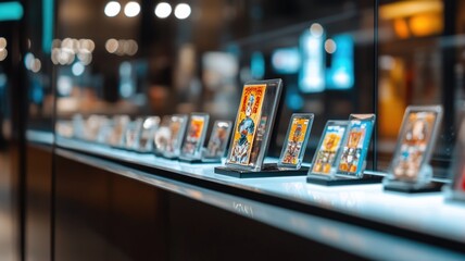 Art gallery display with multiple small framed pictures under glass