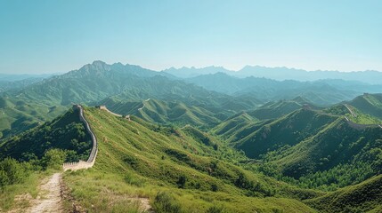 Obraz premium The Great Wall of China winding over the mountains, with green hills in the background under a clear blue sky.