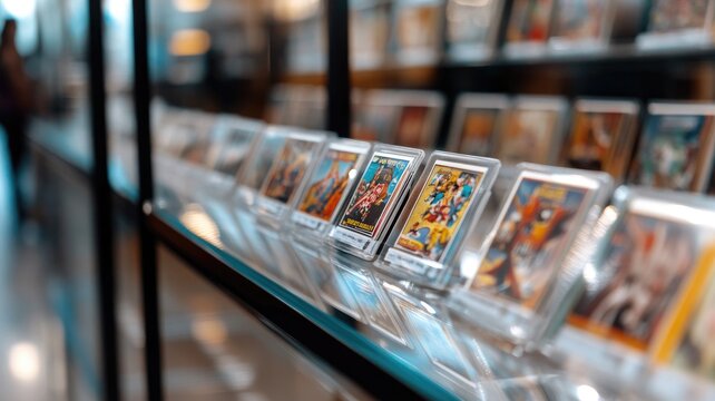 Collectible trading cards displayed in glass case