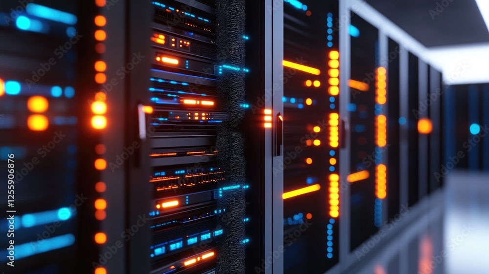 Poster rows of illuminated servers in modern data center