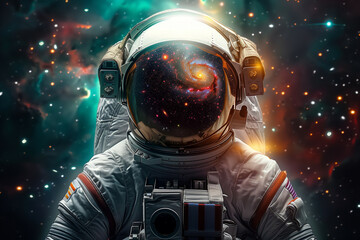 An astronaut in a space suit viewed from the front with a vibrant galaxy reflection in the helmet against a cosmic background
