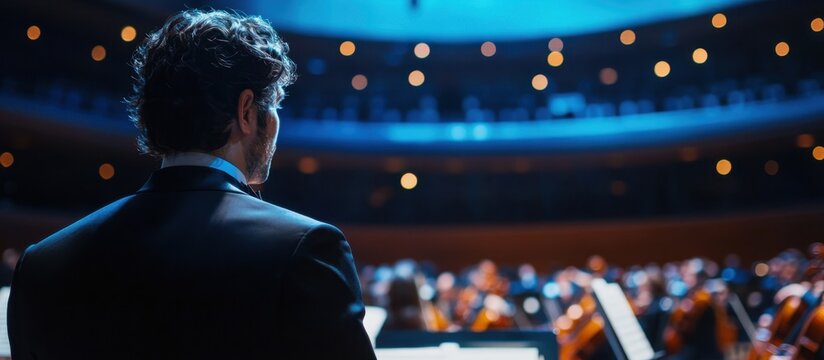 Conductor Leading Symphony Orchestra in Dramatic Concert Setting