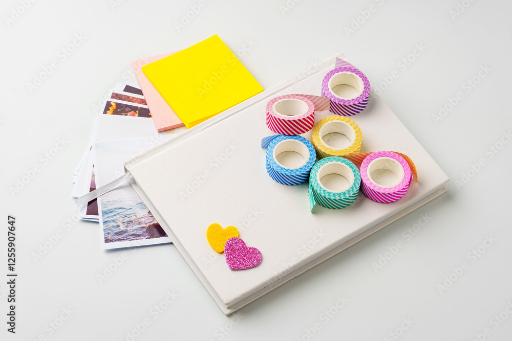 Poster creative workspace with colorful washi tape and photo prints on a simple background in a bright sett