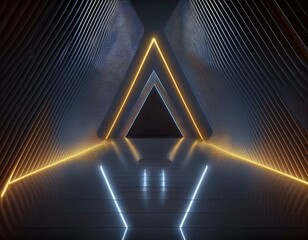 3d render, abstract background, corridor, tunnel, virtual reality space, yellow neon lights, fashion podium, club interior, empty warehouse, floor reflection