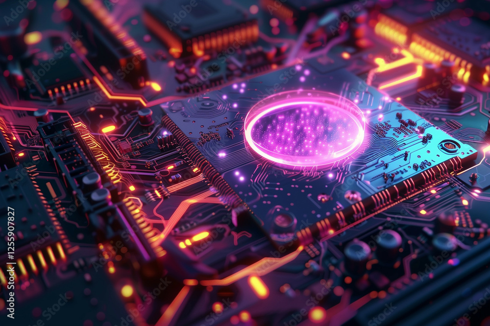 Poster an intricate cybernetic chip with a holographic core glowing amid a complex circuit board, illustrat