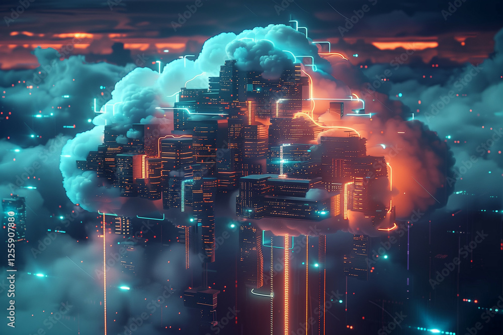 Poster Futuristic Cityscape Merged with Clouds Illuminated by Neon Lights in a Surreal Atmospheric Setting