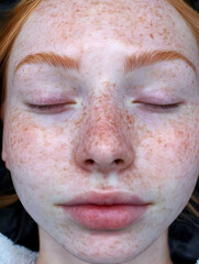 Fototapeta premium Close-up of a young woman's freckled face showcasing natural beauty in soft lighting