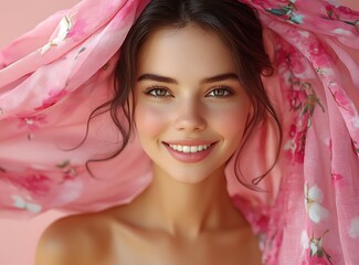 Model in Flowing Pink Floral Scarf with Soft Waves and Pastel Backdrop