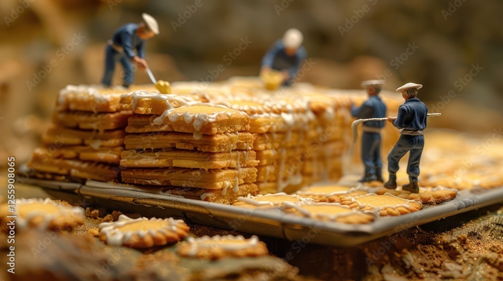 Aufkleber a whimsical scene featuring miniature figures working on a large cake-like structure.
