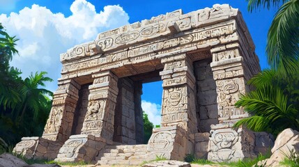 Fototapeta premium Ancient Stone Temple Ruins Surrounded by Lush Jungle and Bright Blue Sky with Clouds