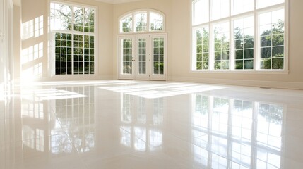 Fototapeta premium Sunlit room, gleaming floor, large windows, green view, home interior design
