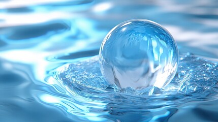 Crystal sphere resting in a pool of clear water, abstract purity