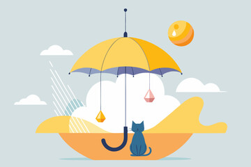  Cute Cartoon Cat with Yellow Umbrella and Tiny Bird in Kawaii Minimalist Style