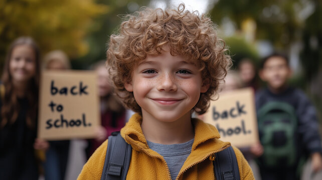 happy schoolboy with curly hair smiles in front of classmates holding signs for back to school. scene captures excitement of returning to school