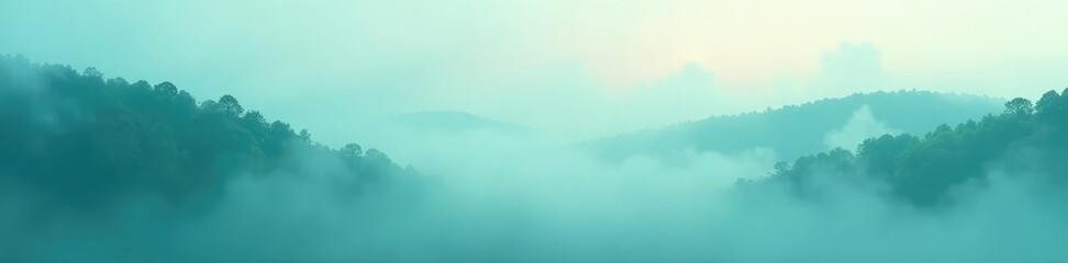 Soft teal mist envelops a serene landscape, with gentle clouds drifting across the sky, foggy, mist