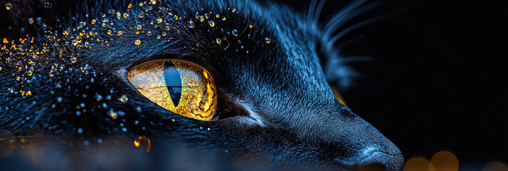 Close-up Photograph of Black Cat's Eye and Face with Water Droplets