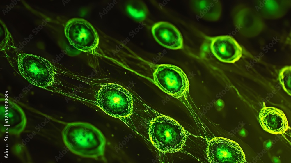 Aufkleber green fluorescent cells under microscope in abstract scientific background