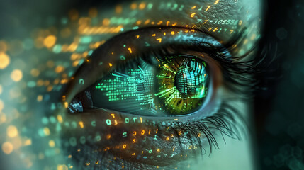 Close-up view of a human eye overlaid with a digital data interface reflecting futuristic technology and cyber concepts