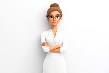 Businesswoman cartoon character with glasses and white dress crossing arms, depicting confidence and professionalism