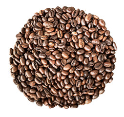 Round heap of roasted coffee beans top view isolated. Fried coffee beans. Group of roasted coffee beans pile isolated 
