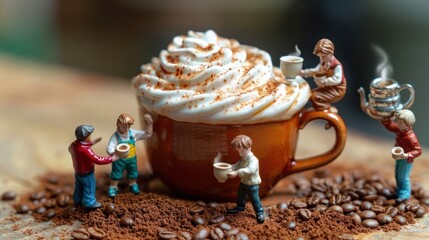A whimsical scene with miniature figures enjoying coffee and whipped cream.