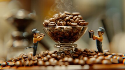 A whimsical scene featuring miniature figures surrounded by coffee beans in a glass bowl.
