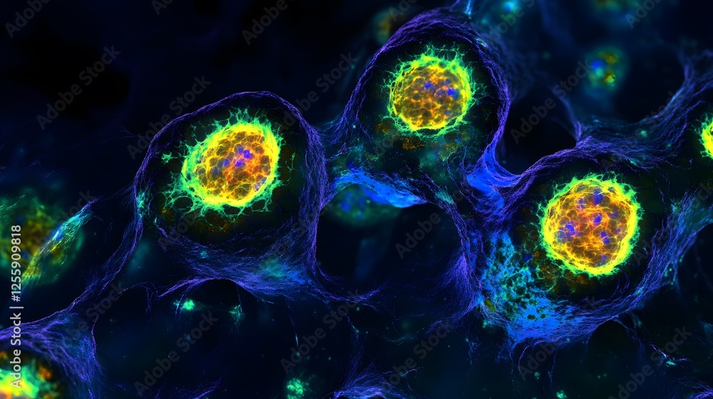 Poster vibrant microscopic view of colorful cells with blue background