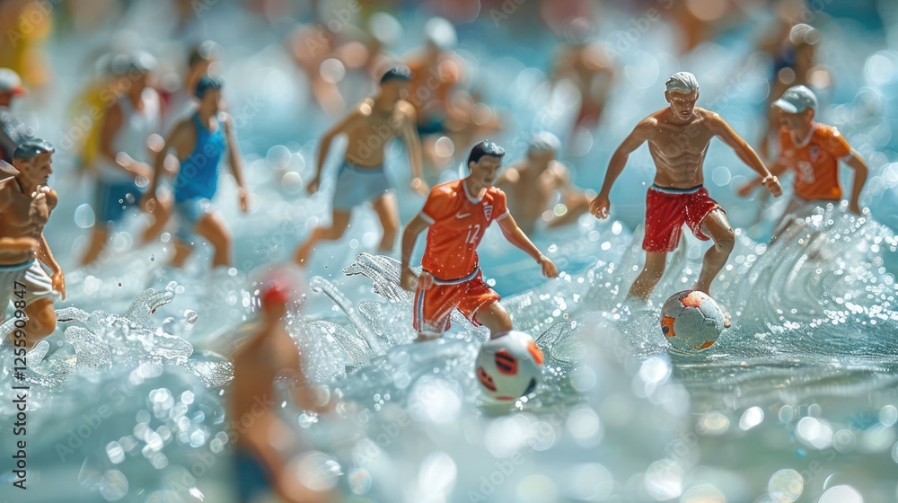 Poster miniature soccer players in a water scene, creating a playful and dynamic atmosphere.
