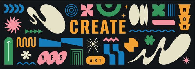 Abstract shape element icon set. Vector playful pattern sticker collection. Modern geometry forms for background. Graphic retro wavy logo figures and typography. Brutalist design aesthetics